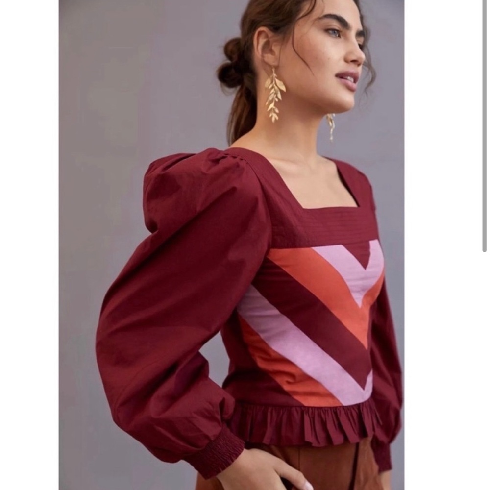 Anthropologie Maroon Puff Sleeve Square Neck Colorblock Blouse